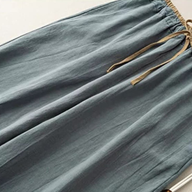 Buddha Stones Lässige, einfarbige Damenhose aus Baumwollleinen mit Kordelzug und Taschen - image 2