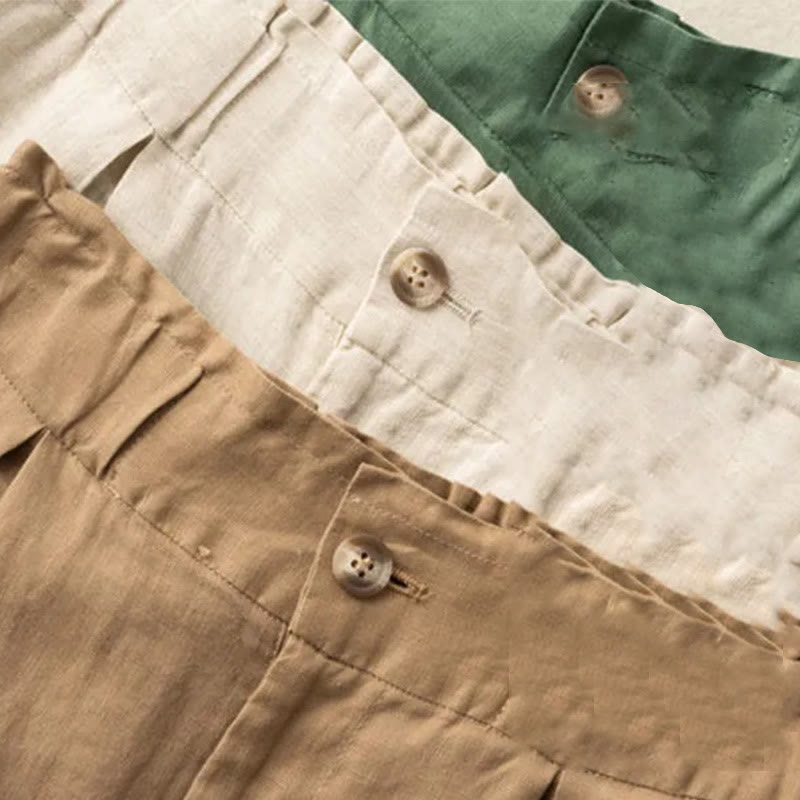 Buddha Stones Lässige, einfarbige Shorts aus Baumwollleinen mit Knopfleiste und Reißverschluss und Taschen