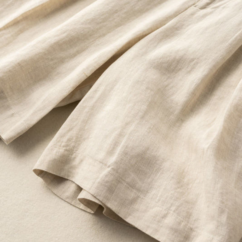 Buddha Stones Lässige, einfarbige Shorts aus Baumwollleinen mit Knopfleiste und Reißverschluss und Taschen