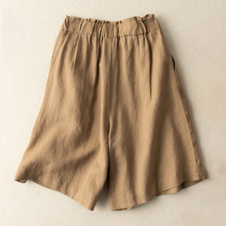 Buddha Stones Lässige, einfarbige Shorts aus Baumwollleinen mit Knopfleiste und Reißverschluss und Taschen