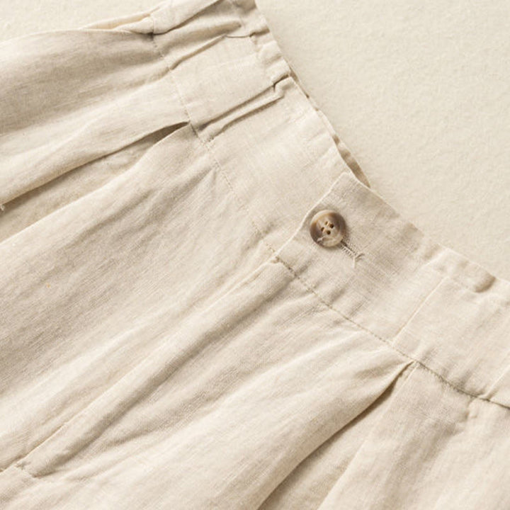 Buddha Stones Lässige, einfarbige Shorts aus Baumwollleinen mit Knopfleiste und Reißverschluss und Taschen