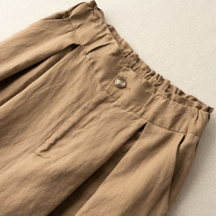 Buddha Stones Lässige, einfarbige Shorts aus Baumwollleinen mit Knopfleiste und Reißverschluss und Taschen