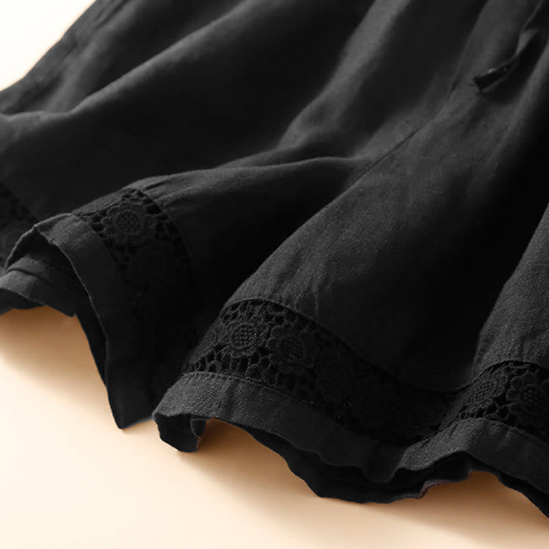 Buddha Stones Damen-Shorts aus Baumwolle mit einfarbiger Unterseite, hohlem Spitzendesign und Schnürung und Taschen - image 21