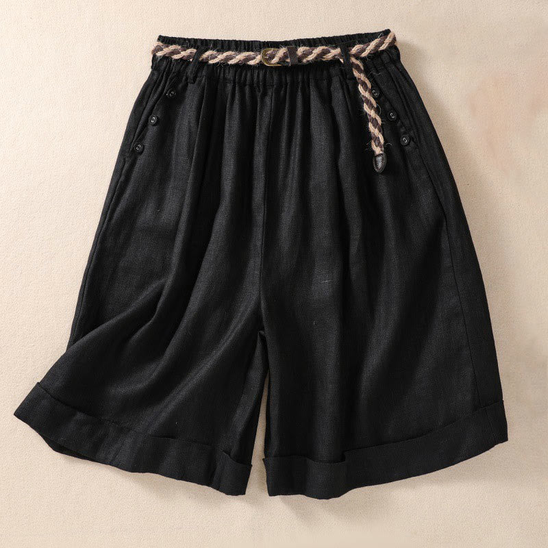 Buddha Stones Lässige, einfarbige Shorts aus Baumwollleinen mit umgeschlagenem Bündchen und Taschen