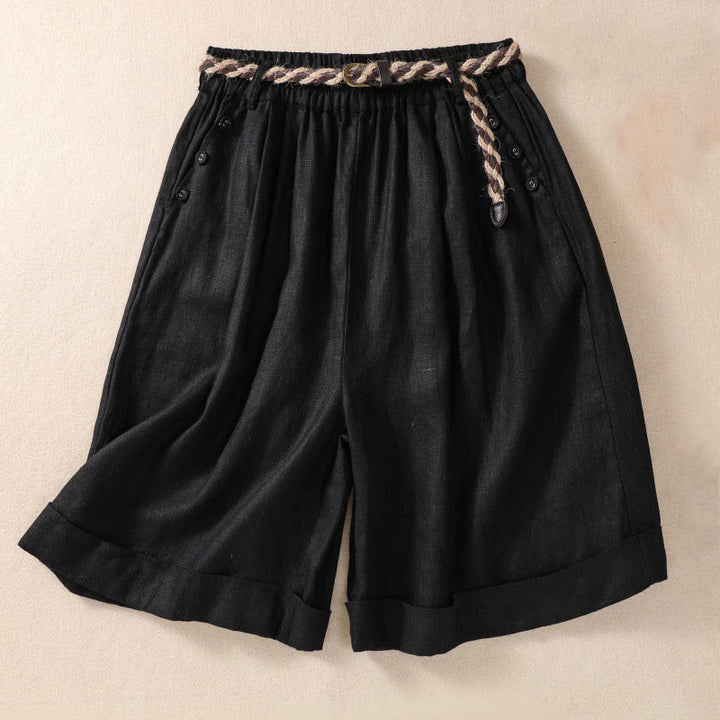 Buddha Stones Lässige, einfarbige Shorts aus Baumwollleinen mit umgeschlagenem Bündchen und Taschen