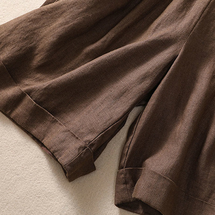 Buddha Stones Lässige, einfarbige Shorts aus Baumwollleinen mit umgeschlagenem Bündchen und Taschen