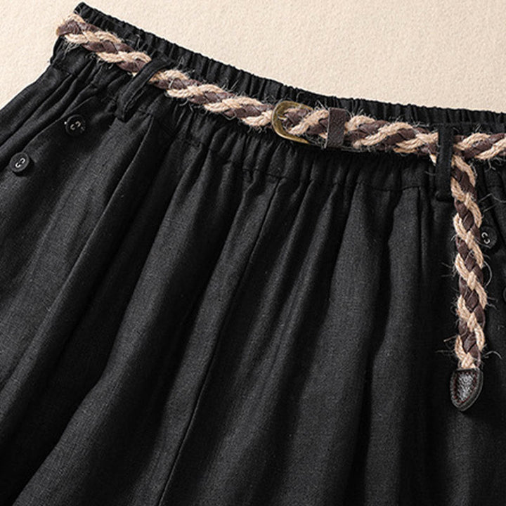 Buddha Stones Lässige, einfarbige Shorts aus Baumwollleinen mit umgeschlagenem Bündchen und Taschen