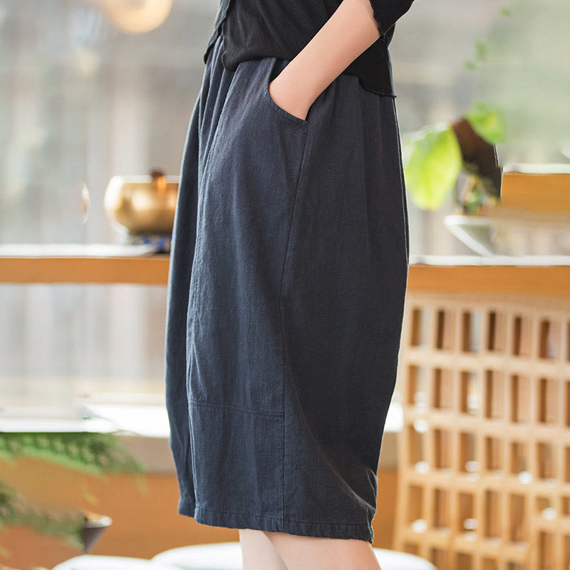 Buddha Stones Lässige, einfarbige Shorts aus Ramie-Baumwolle für Damen mit Taschen