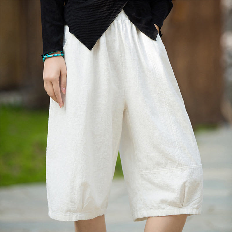 Buddha Stones Lässige, einfarbige Shorts aus Ramie-Baumwolle für Damen mit Taschen