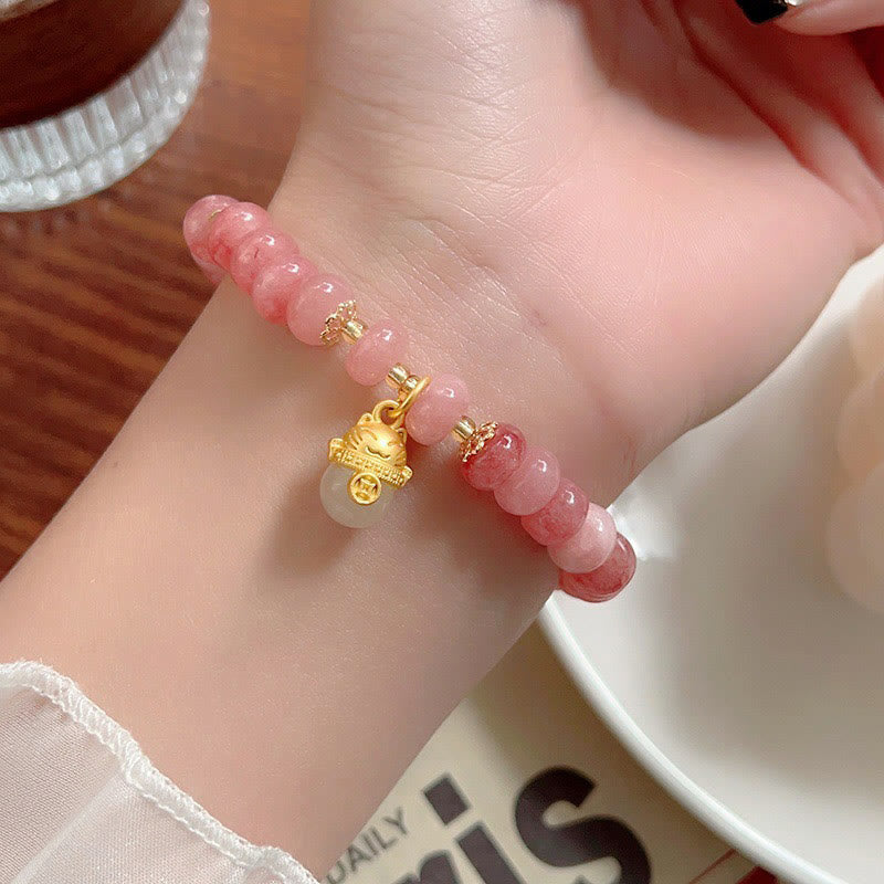 Buddha Stones Erdbeerquarz Cyan Jade Glückskatze Perlen Heilung Armband - image 9