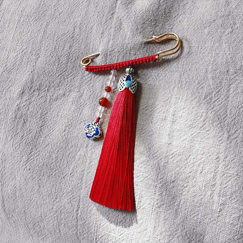 Buddha Stones Vintage Chalcedon Perlen Quasten Positive Brosche