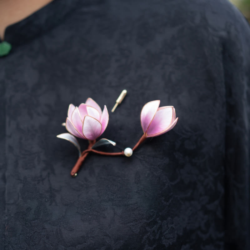 Buddha Stones Handgemachte Yangzhou Samt Blume Maulbeerseide Lila Magnolia Brosche Haarnadel