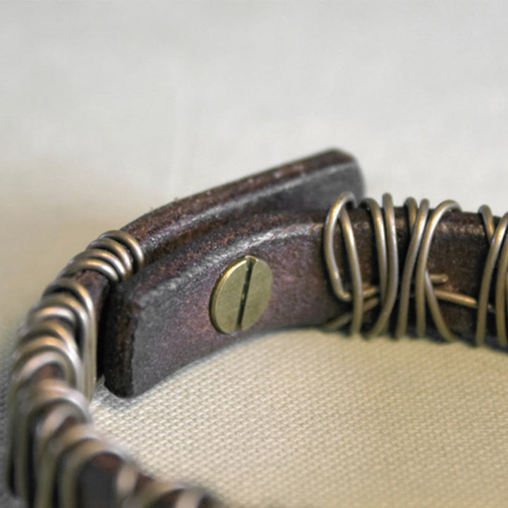 Buddha Stones Vintage Leder Kupfer Messing Draht Wickel Balance Armband