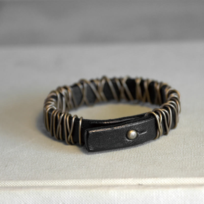 Buddha Stones Vintage Leder Kupfer Messing Draht Wickel Balance Armband