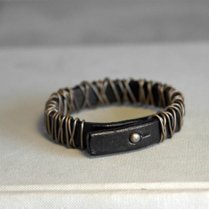 Buddha Stones Vintage Leder Kupfer Messing Draht Wickel Balance Armband