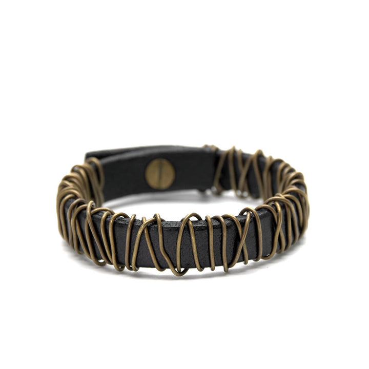 Buddha Stones Vintage Leder Kupfer Messing Draht Wickel Balance Armband