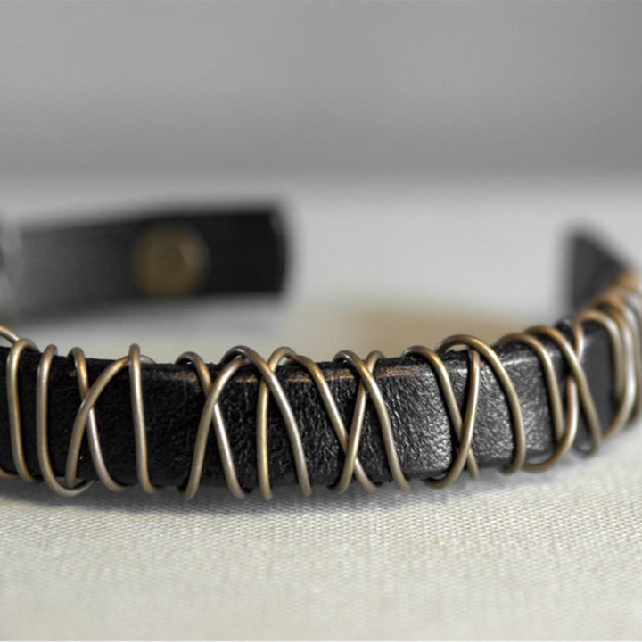 Buddha Stones Vintage Leder Kupfer Messing Draht Wickel Balance Armband