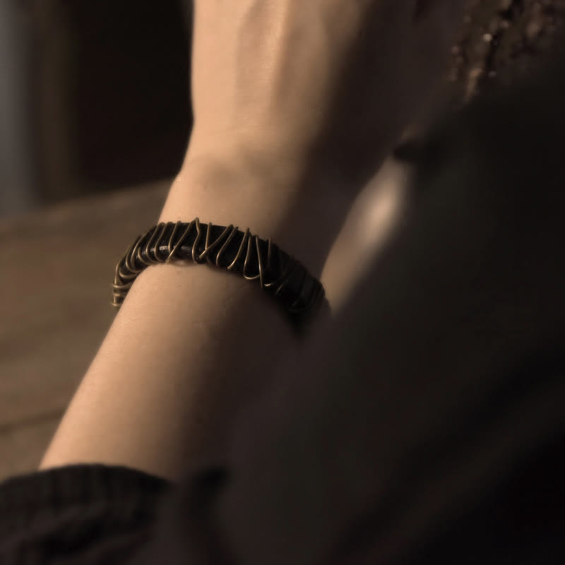 Buddha Stones Vintage Leder Kupfer Messing Draht Wickel Balance Armband