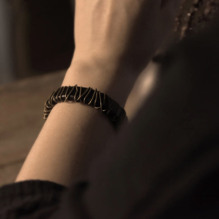 Buddha Stones Vintage Leder Kupfer Messing Draht Wickel Balance Armband