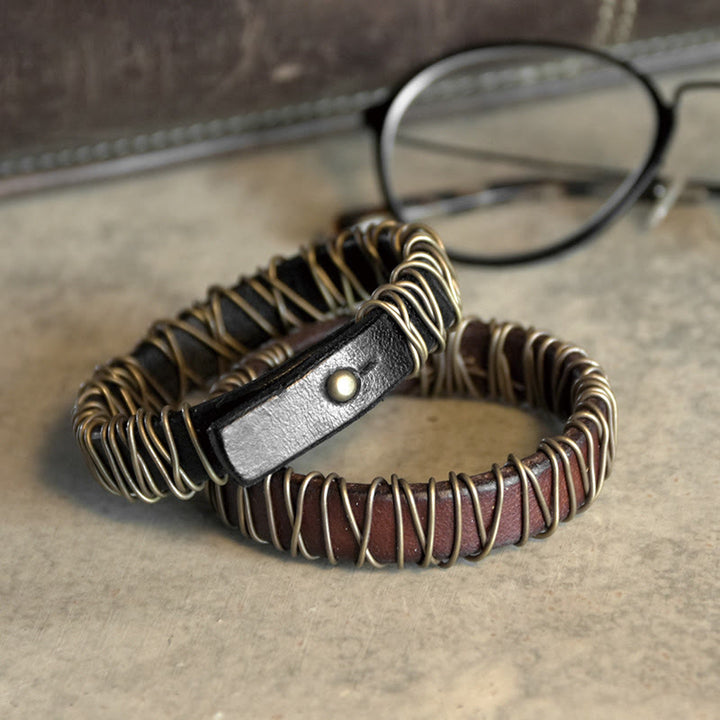 Buddha Stones Vintage Leder Kupfer Messing Draht Wickel Balance Armband