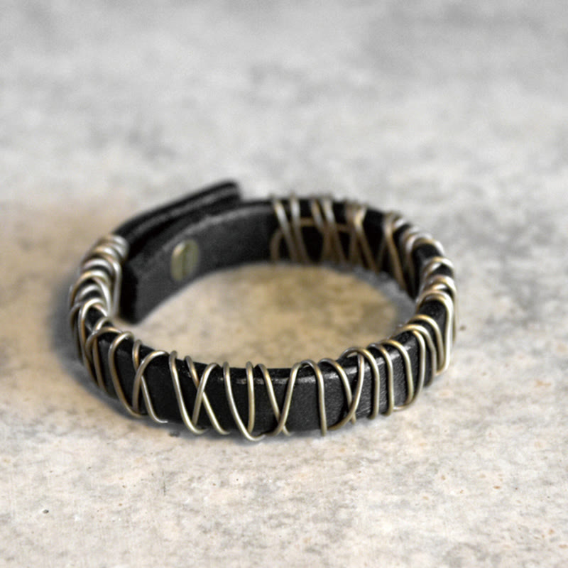 Buddha Stones Vintage Leder Kupfer Messing Draht Wickel Balance Armband