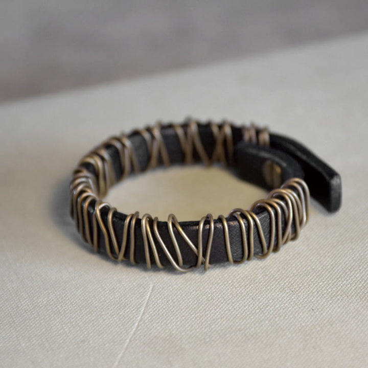 Buddha Stones Vintage Leder Kupfer Messing Draht Wickel Balance Armband