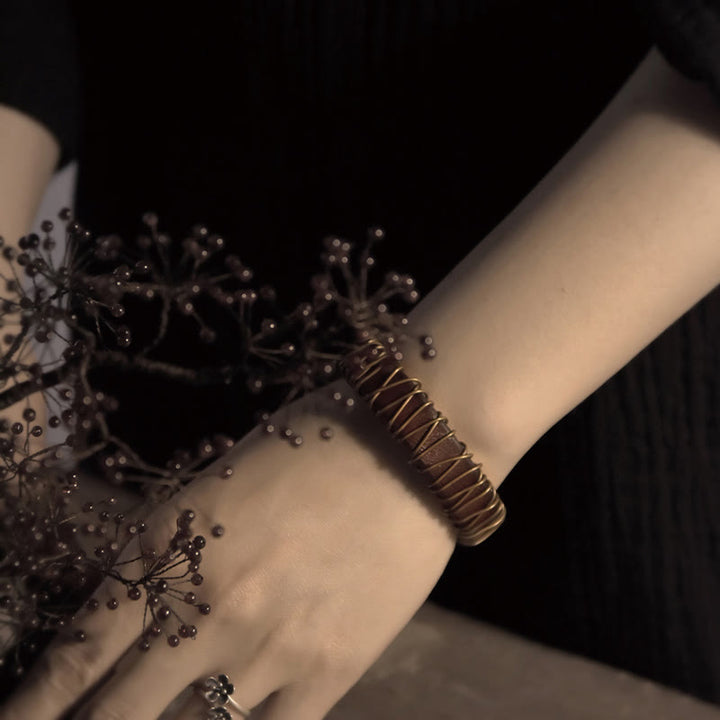 Buddha Stones Vintage Leder Kupfer Messing Draht Wickel Balance Armband