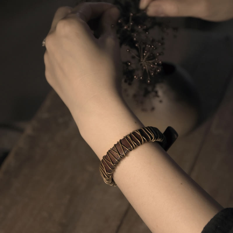 Buddha Stones Vintage Leder Kupfer Messing Draht Wickel Balance Armband