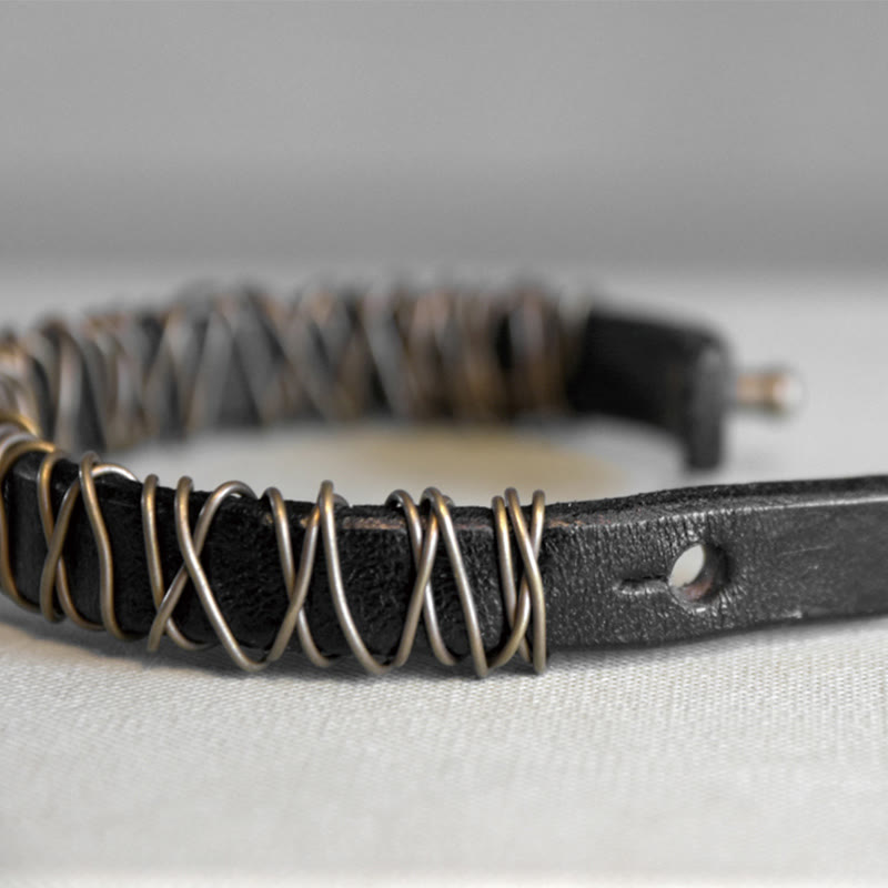 Buddha Stones Vintage Leder Kupfer Messing Draht Wickel Balance Armband