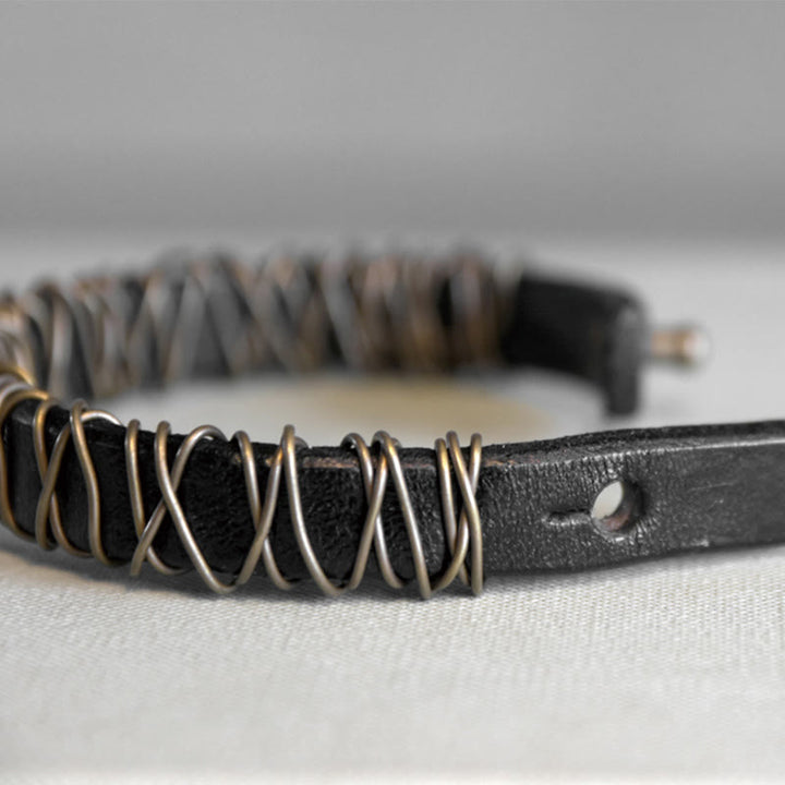 Buddha Stones Vintage Leder Kupfer Messing Draht Wickel Balance Armband