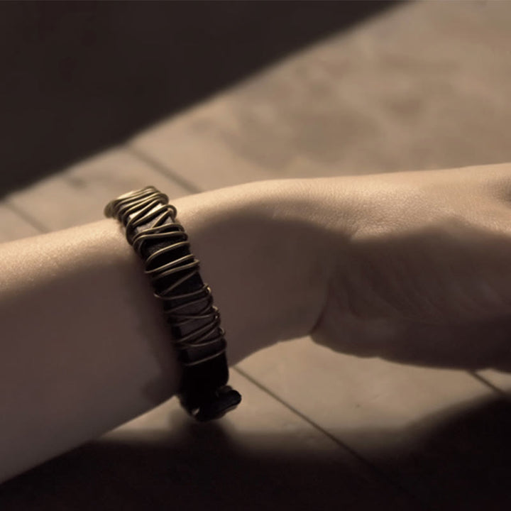 Buddha Stones Vintage Leder Kupfer Messing Draht Wickel Balance Armband