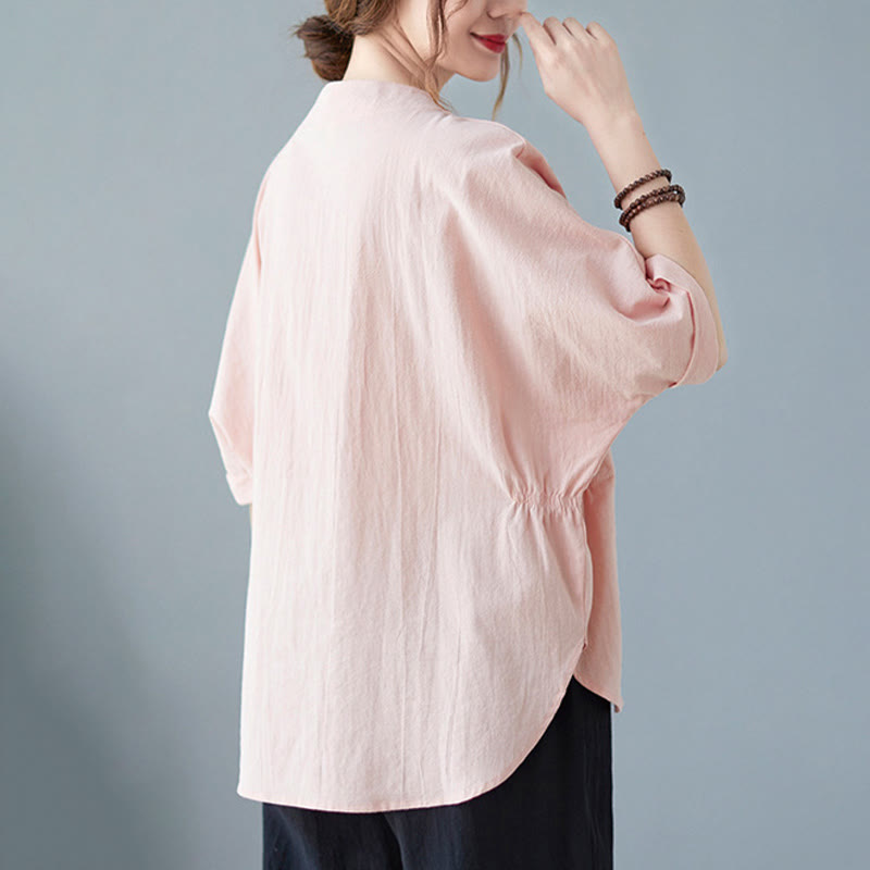 Buddha Stones Damen-Hemd aus Baumwollleinen, einfarbig, Fledermausärmel-Design, Halbarm - image 18