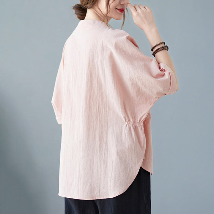 Buddha Stones Damen-Hemd aus Baumwollleinen, einfarbig, Fledermausärmel-Design, Halbarm - image 18