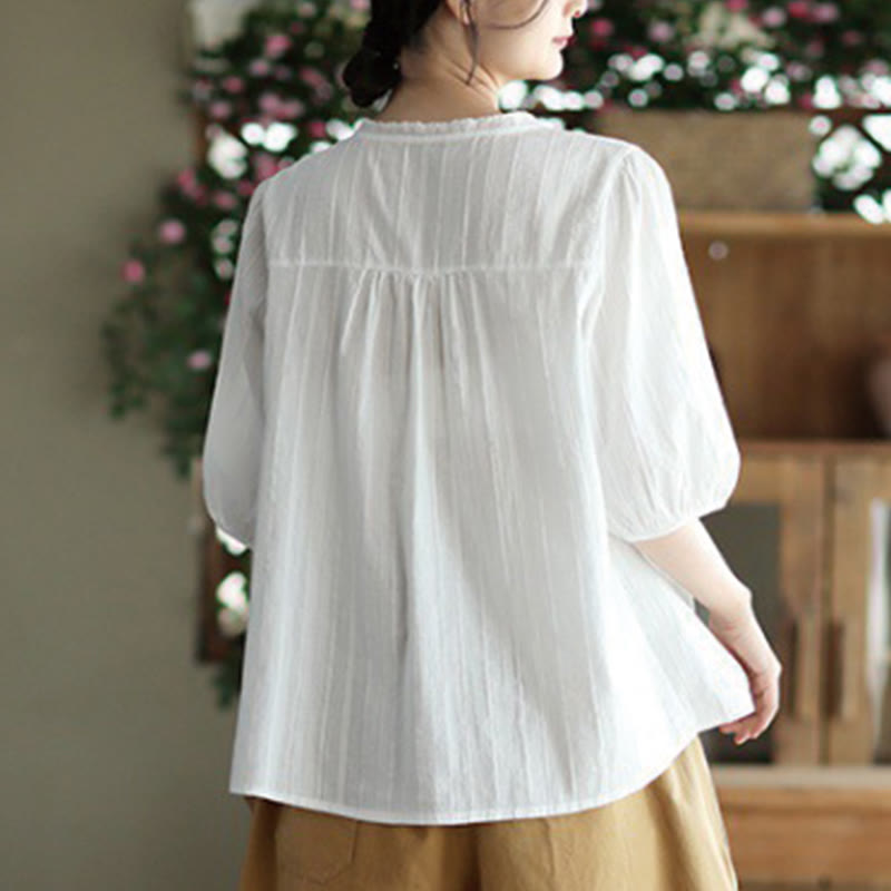 Buddha Stones Damen-Baumwollhemd mit V-Ausschnitt und halblangen Ärmeln, reine weiße Spitze - image 2