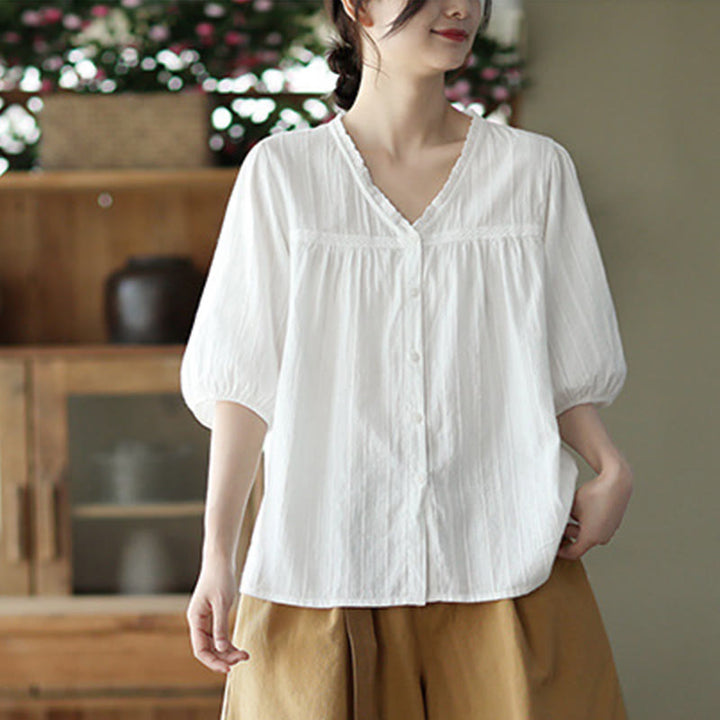 Buddha Stones Damen-Baumwollhemd mit V-Ausschnitt und halblangen Ärmeln, reine weiße Spitze - image 9