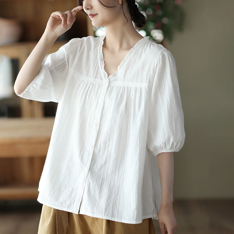 Buddha Stones Damen-Baumwollhemd mit V-Ausschnitt und halblangen Ärmeln, reine weiße Spitze - image 3