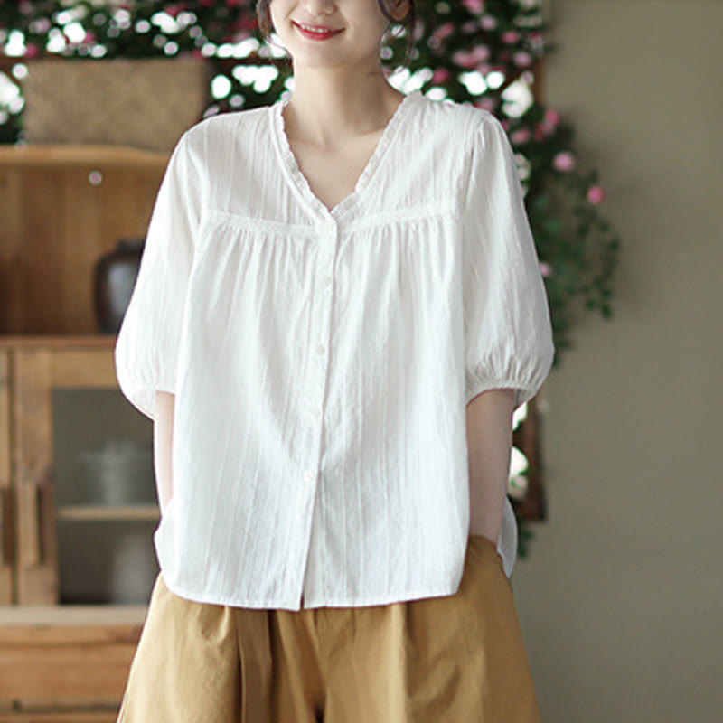 Buddha Stones Damen-Baumwollhemd mit V-Ausschnitt und halblangen Ärmeln, reine weiße Spitze - image 1