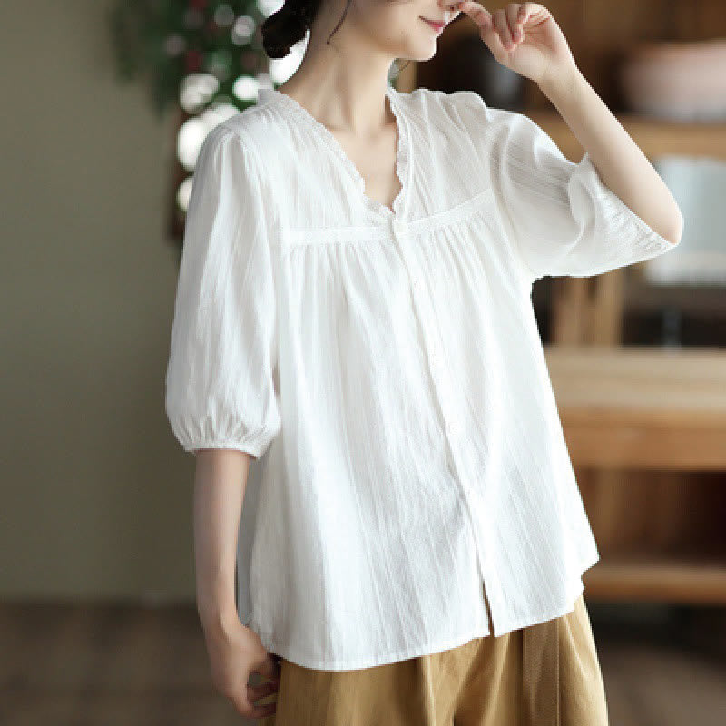 Buddha Stones Damen-Baumwollhemd mit V-Ausschnitt und halblangen Ärmeln, reine weiße Spitze - Weiß - US8-10, UK/AU12-14,EU40-42 (2XL) - image 0