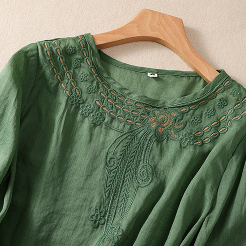 Buddha Stones Damen-Hemd aus Baumwollleinen mit Rundhalsausschnitt und Hohldesign, halblange Ärmel