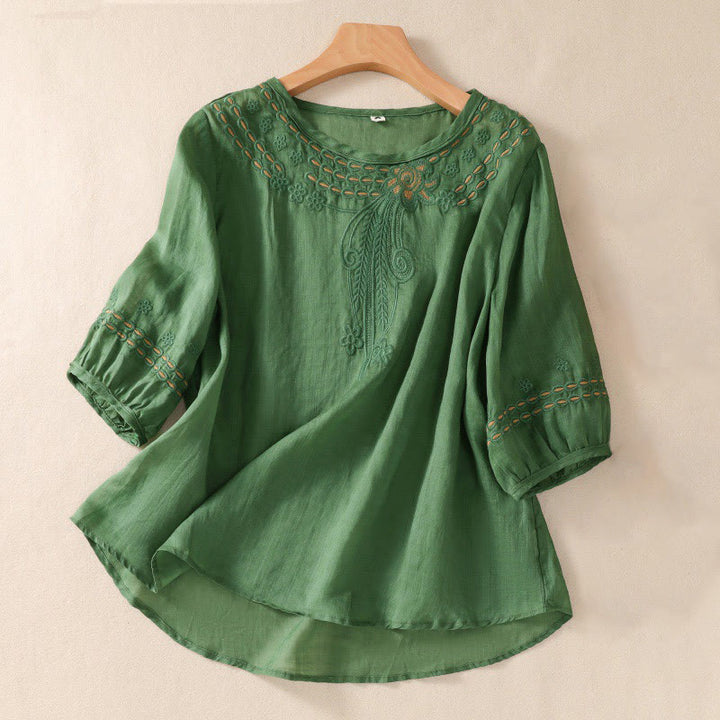 Buddha Stones Damen-Hemd aus Baumwollleinen mit Rundhalsausschnitt und Hohldesign, halblange Ärmel