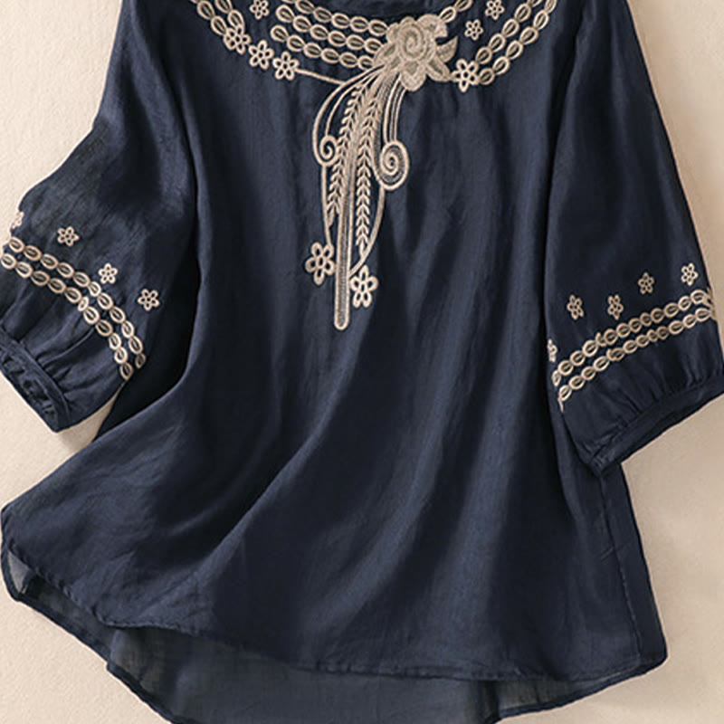 Buddha Stones Damen-Hemd aus Baumwollleinen mit Rundhalsausschnitt und Hohldesign, halblange Ärmel