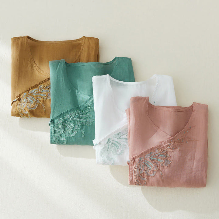 Lässiges Damen-Hemd aus Baumwolle und Leinen mit Buddha Stones -Stickerei und Pflanzen-Design - image 27