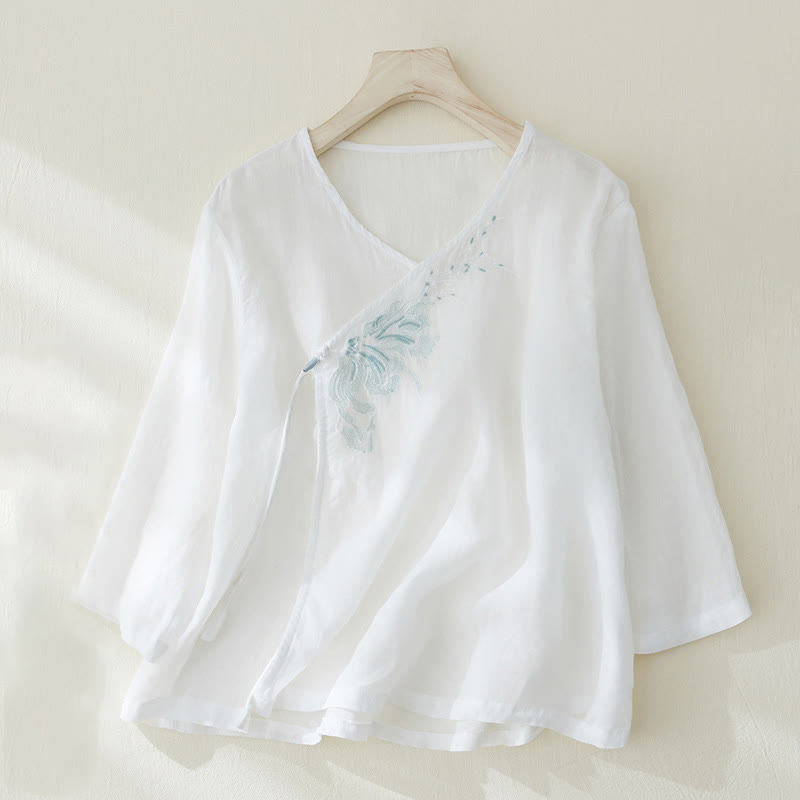 Lässiges Damen-Hemd aus Baumwolle und Leinen mit Buddha Stones -Stickerei und Pflanzen-Design - Weiß - US8-10, UK/AU12-14,EU40-42 (2XL) - image 8