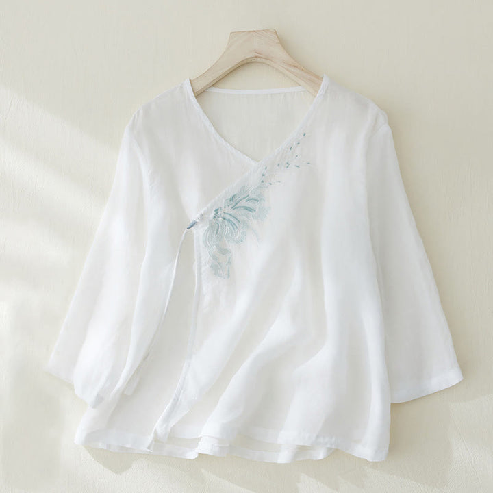 Lässiges Damen-Hemd aus Baumwolle und Leinen mit Buddha Stones -Stickerei und Pflanzen-Design - Weiß - US8-10, UK/AU12-14,EU40-42 (2XL) - image 8