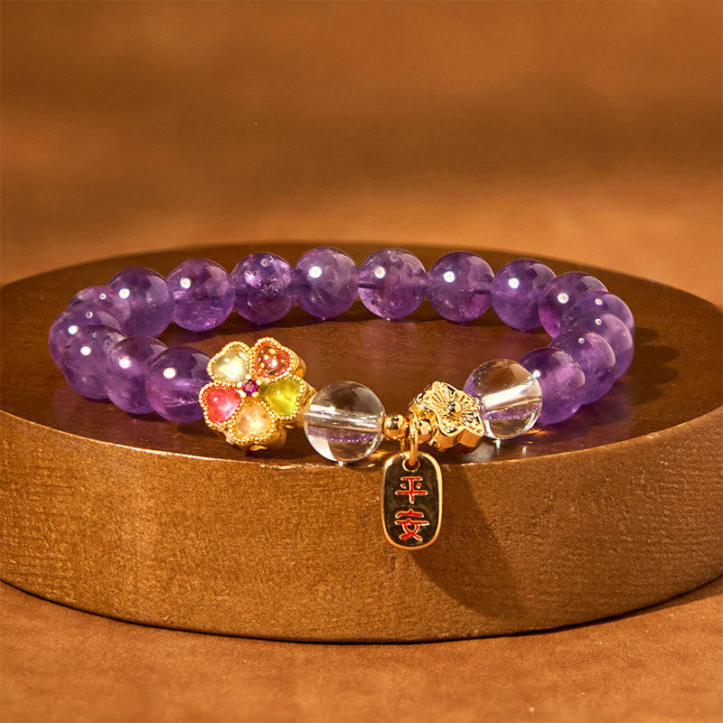 Buddha Stones Charm-Armband mit natürlichem Amethyst und weißer Kristallblume, Heilung, sicher und gut - image 3