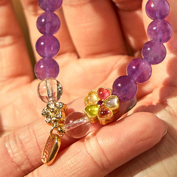 Buddha Stones Charm-Armband mit natürlichem Amethyst und weißer Kristallblume, Heilung, sicher und gut - image 8