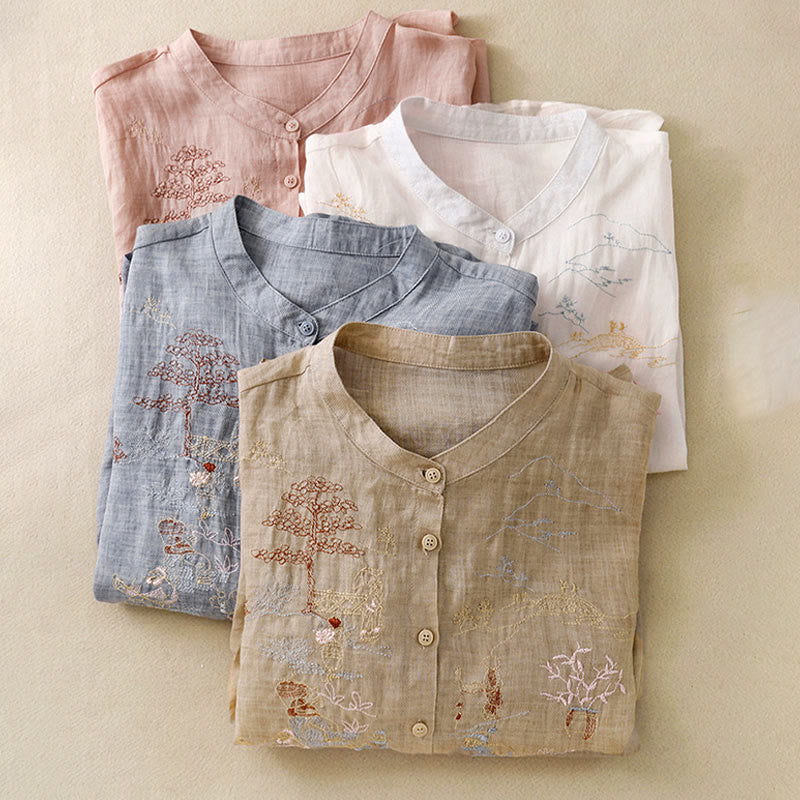 Lässiges Damen-Baumwollleinenhemd mit Stehkragen und Pflanzenstickerei mit Buddha Stones