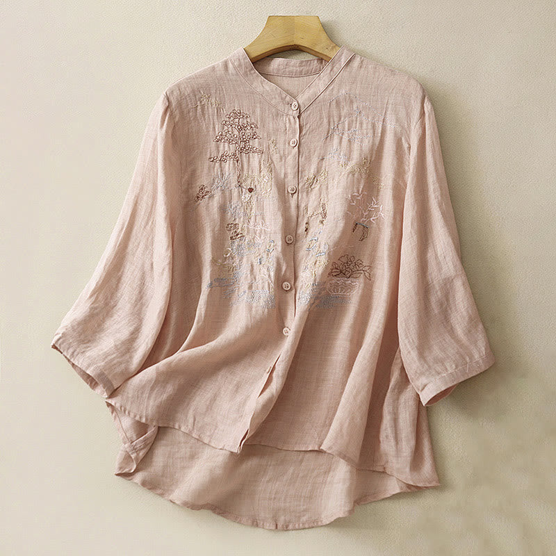 Lässiges Damen-Baumwollleinenhemd mit Stehkragen und Pflanzenstickerei mit Buddha Stones