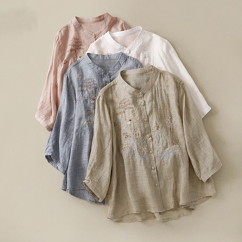 Lässiges Damen-Baumwollleinenhemd mit Stehkragen und Pflanzenstickerei mit Buddha Stones