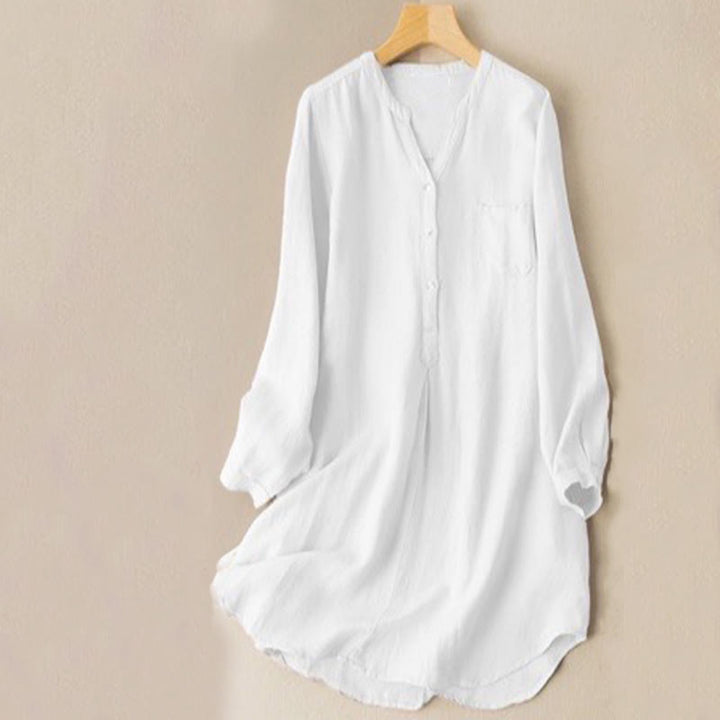 Buddha Stones Lässiges Damen-Shirt aus Polyester mit V-Ausschnitt und langen Ärmeln und drei Knöpfen - Weiß - US12, UK/AU16,EU44 (4XL- 5XL) - image 2